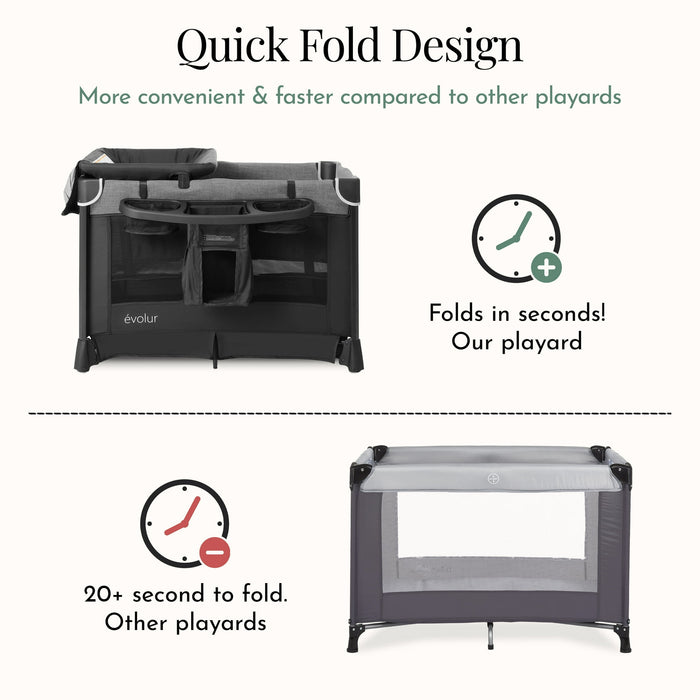 Comparison image of two baby playards with quick fold design, showing faster folding feature.
