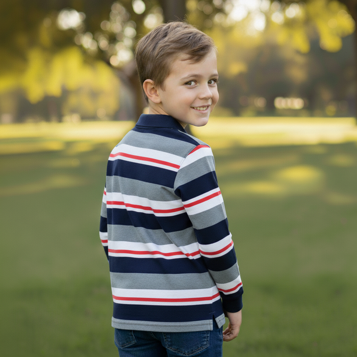 Kids Energy Kids Long Sleeve Stripe Polos – (Sizes 7 to 14 Years)