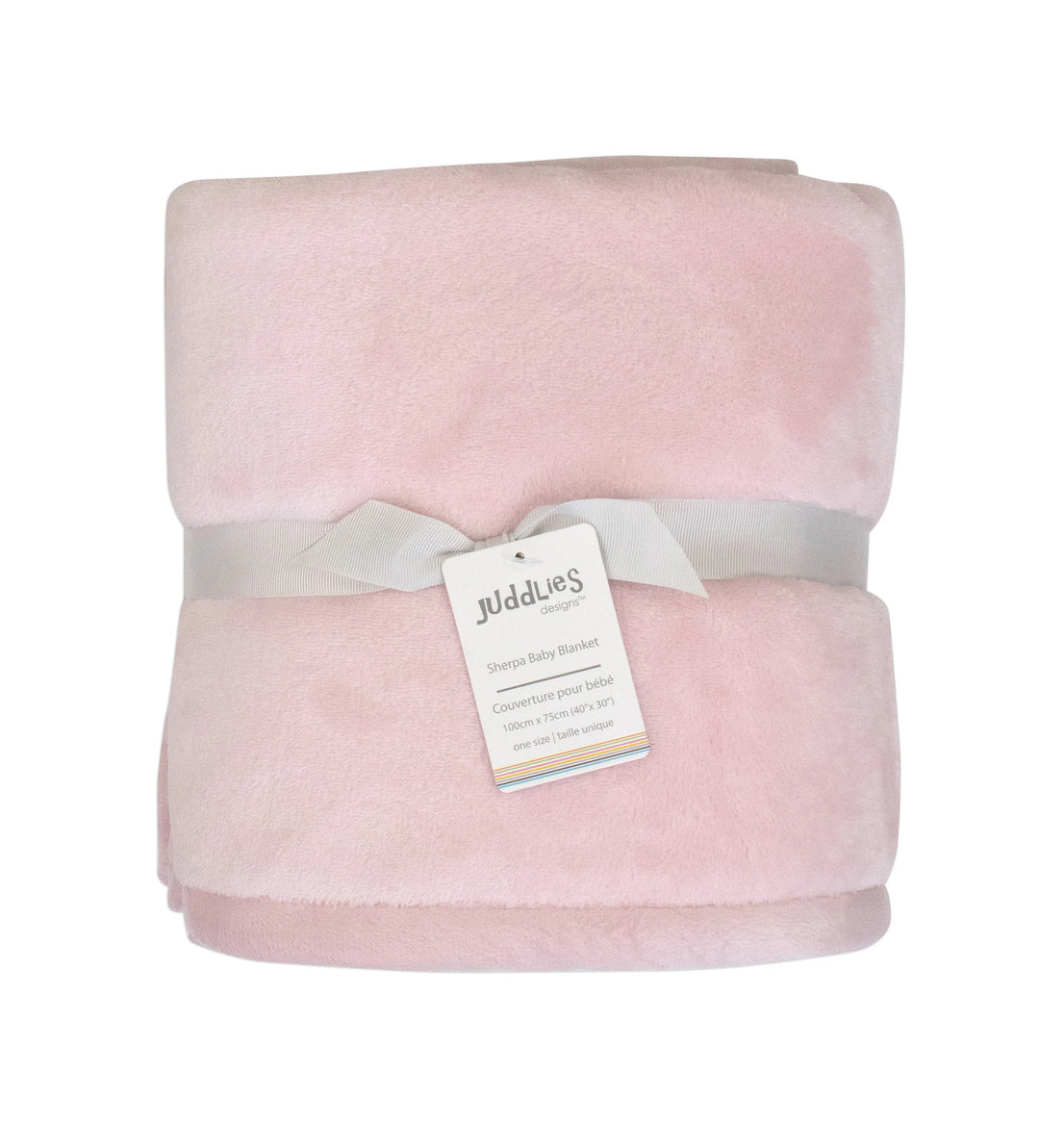 Pink sherpa baby blanket rolled with ribbon and product tag, soft newborn bedding