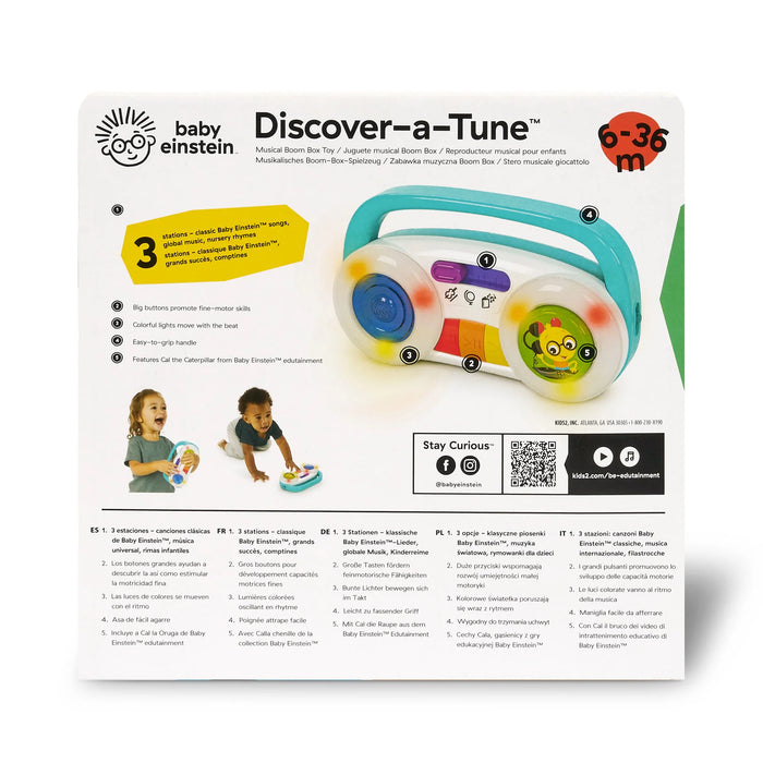 Baby Einstein Discover-a-Tune musical toy shown in packaging with happy toddlers playing on the floor.
