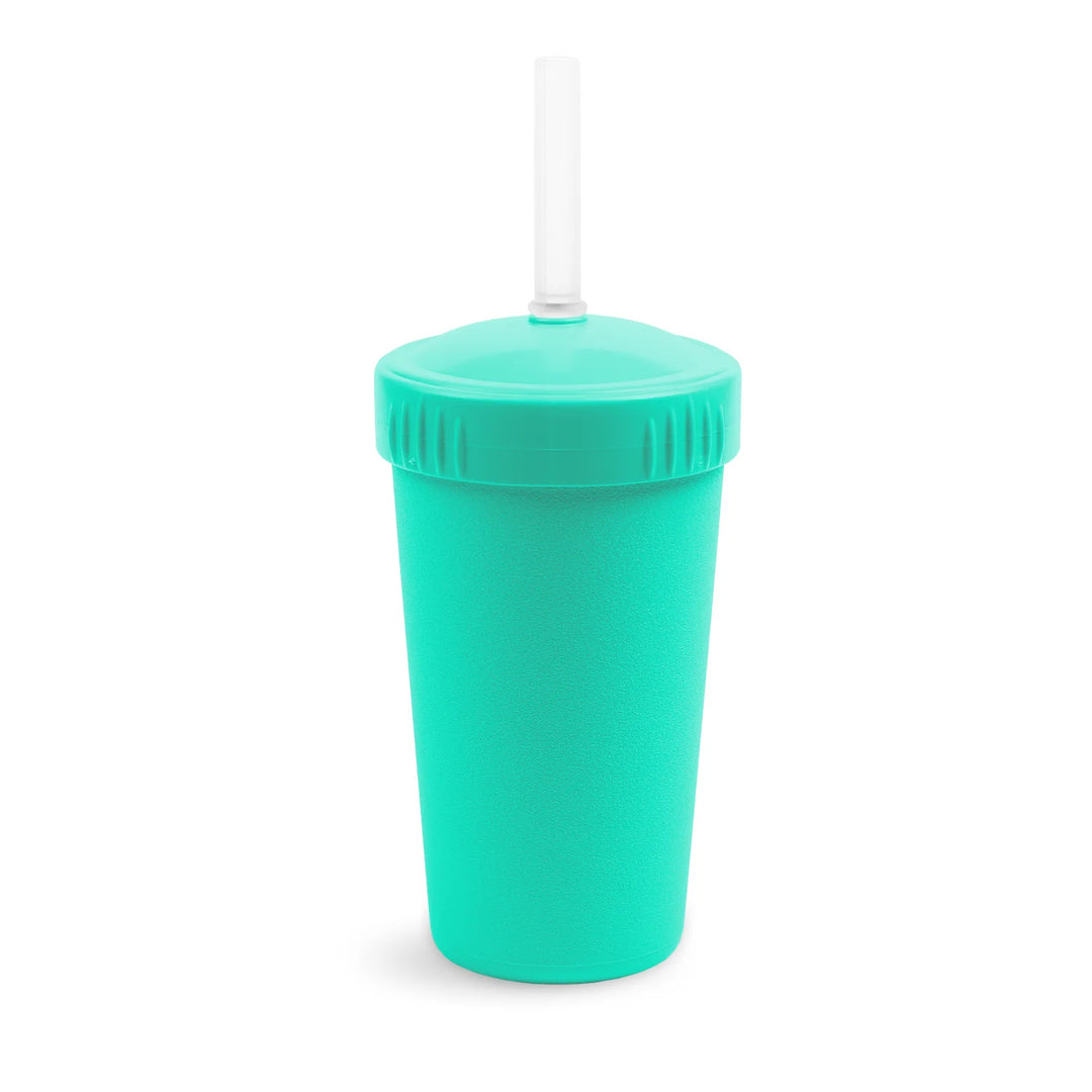 Aqua blue 10 oz straw cup for kids with spill-proof lid, isolated on white background.