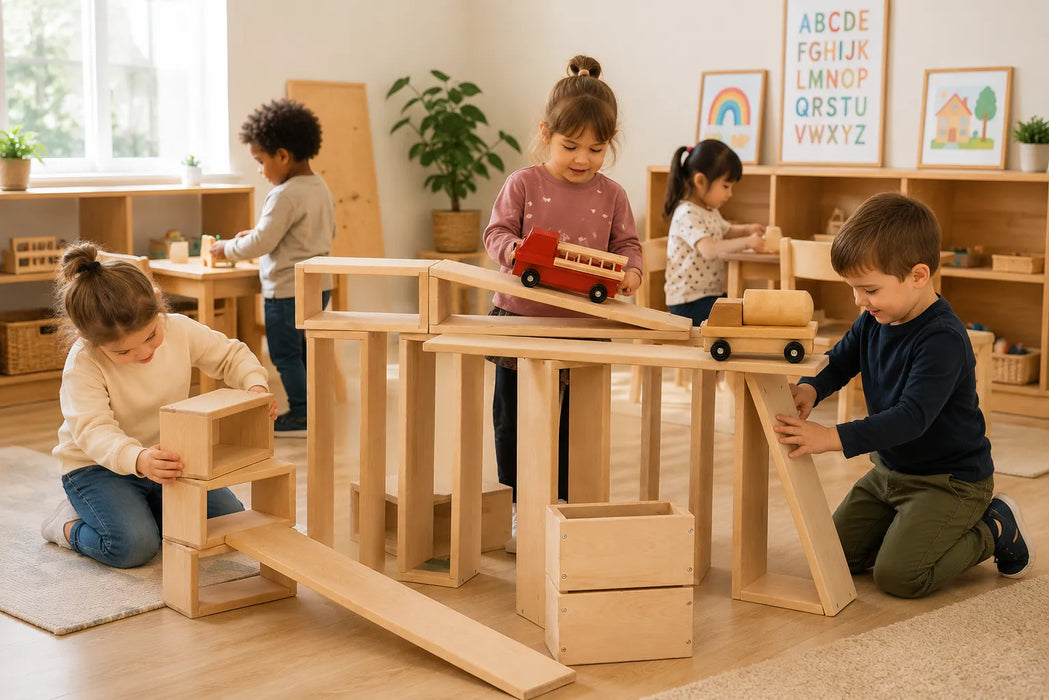 Solid wooden building block set - children playing with them in a daycare center