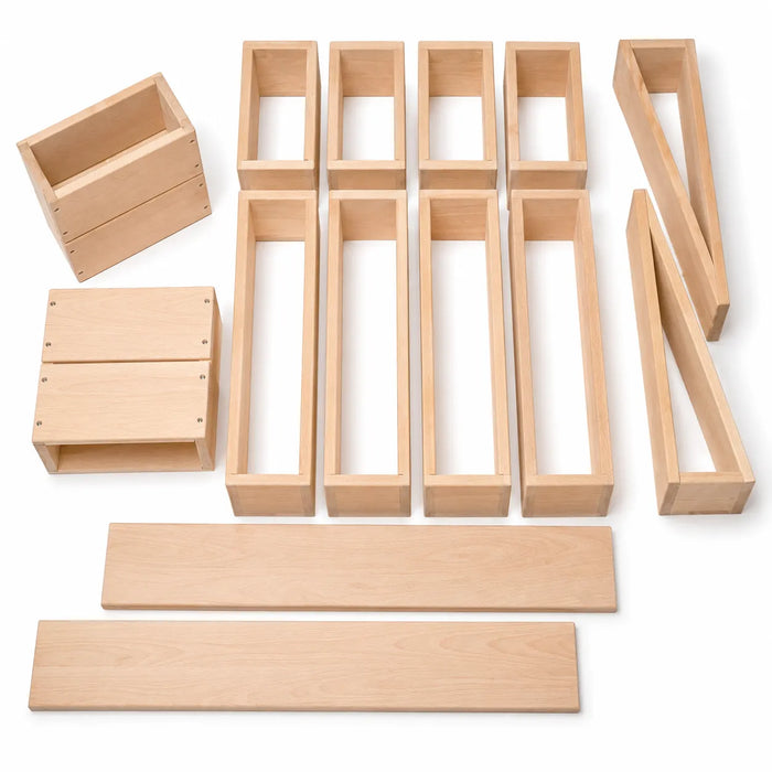 Solid wooden construction block set on white background