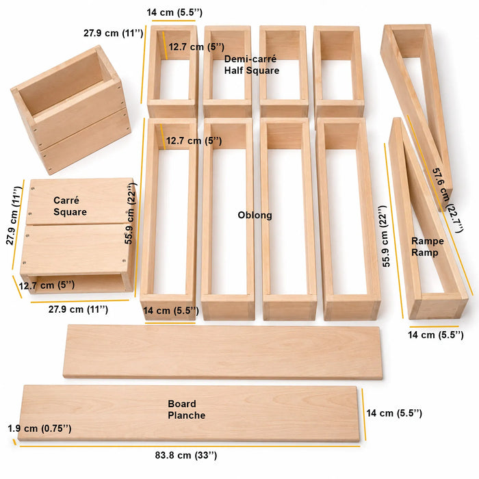 Solid wooden construction blocks - Dimensions or each type of block