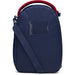 Navy blue insulated lunch bag with adjustable strap and red handle shown upright on a white background.