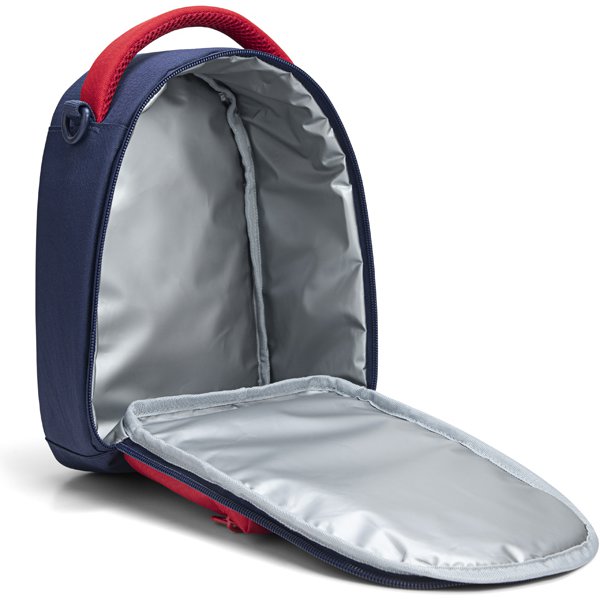 Insulated kids lunch bag in navy and red, shown open with silver interior lining.