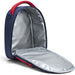 Insulated kids lunch bag in navy and red, shown open with silver interior lining.