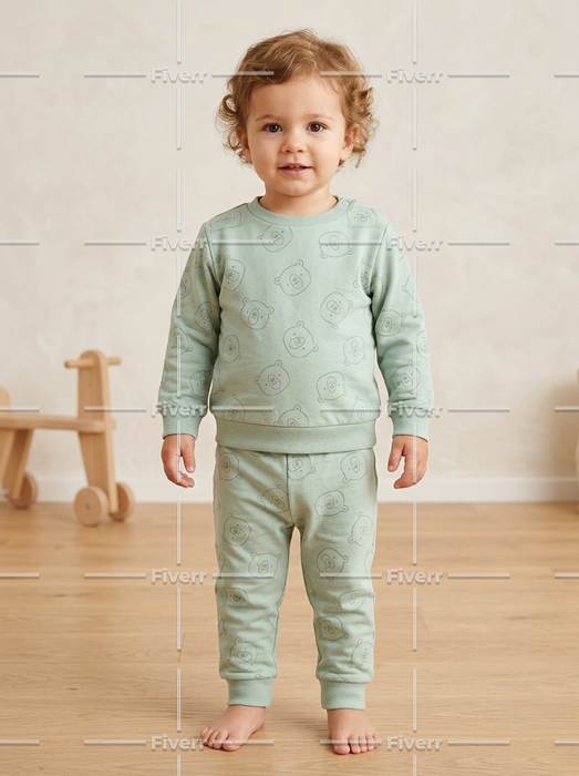 Toddler wearing matching mint green bear print pajama set standing on wooden floor.