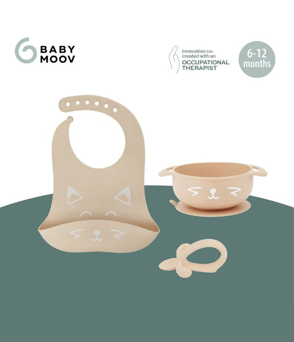 Beige baby feeding set with silicone bib, suction bowl, and teether for 6-12 months