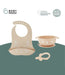 Beige baby feeding set with silicone bib, suction bowl, and teether for 6-12 months