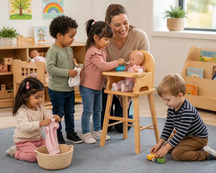 Solid maple wood doll high chair - children playing at daycare