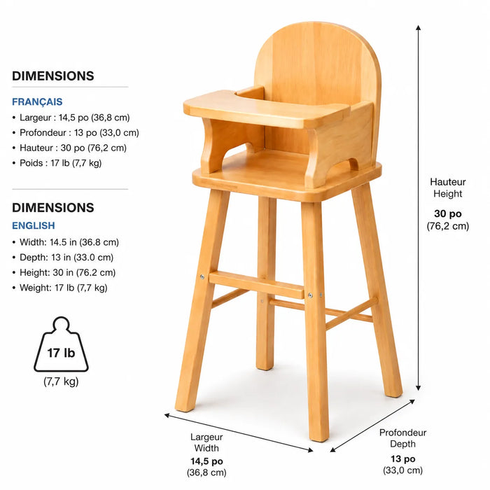 Solid maple wood doll high chair - dimensions