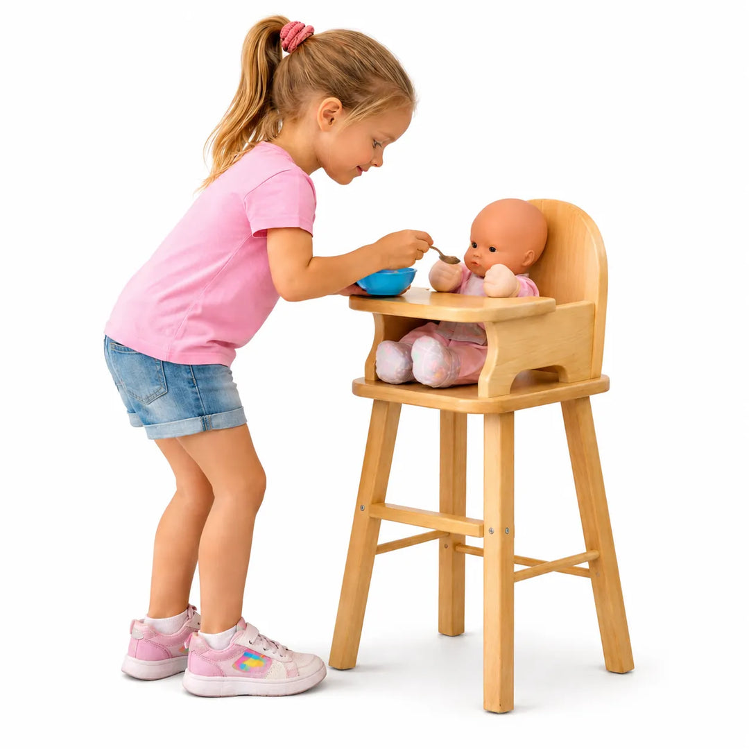 Solid maple wood doll high chair - little girl pretending to feed doll