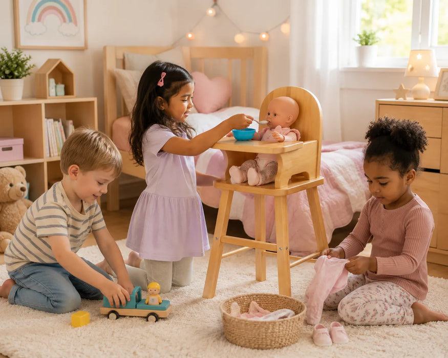 Solid maple wood doll high chair - playdate at home