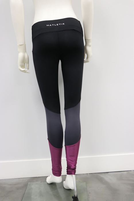 Matletik Balance Legging Black-Raisin shown on mannequin, displaying color block design from the back.