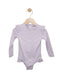 Light purple baby long sleeve ruffle bodysuit with zipper detail shown on a wooden hanger.