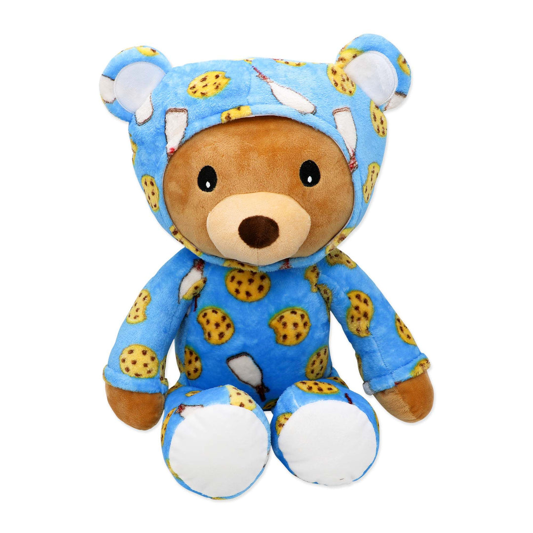 Plush teddy bear wearing blue pajamas with cookie and milk print, kids stuffed toy