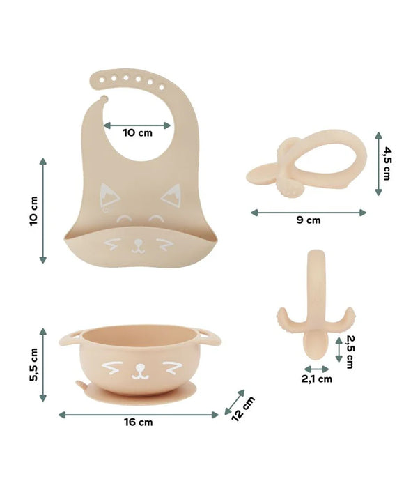 Beige silicone baby feeding set with bib, bowl, teether, and pacifier, labeled with measurements.