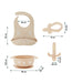 Beige silicone baby feeding set with bib, bowl, teether, and pacifier, labeled with measurements.