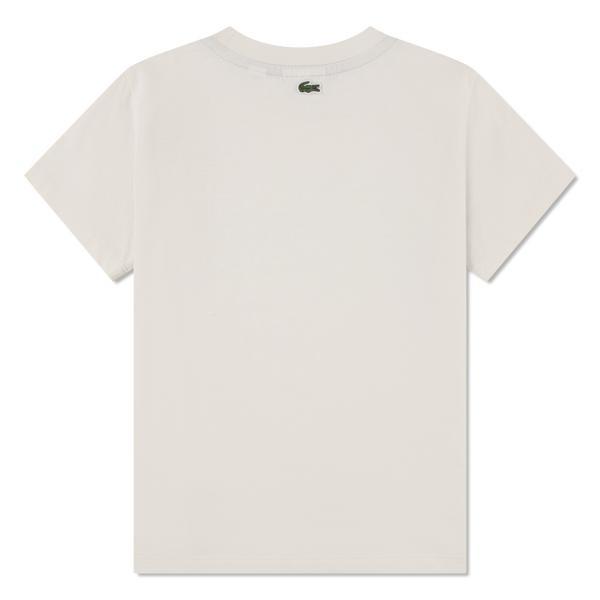 Kids' short sleeve white t-shirt shown flat with a small green logo on the upper back.