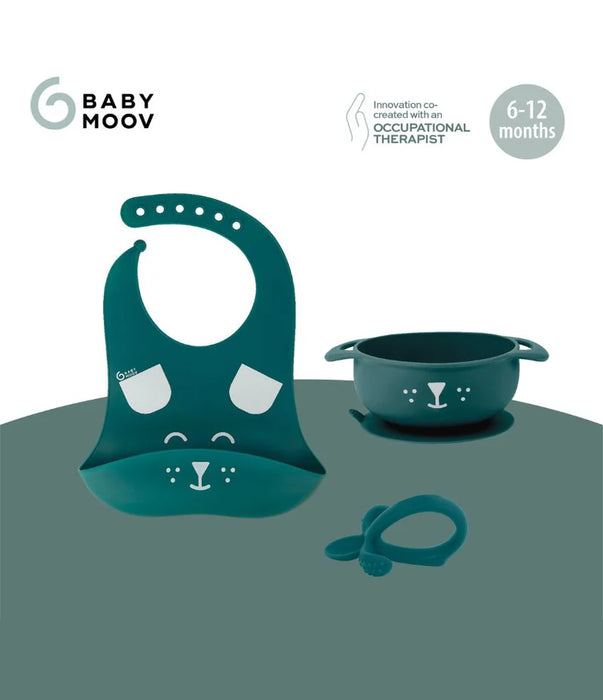 Teal baby feeding set with silicone bib, suction bowl, and teething ring for 6-12 months
