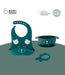 Teal baby feeding set with silicone bib, suction bowl, and teething ring for 6-12 months