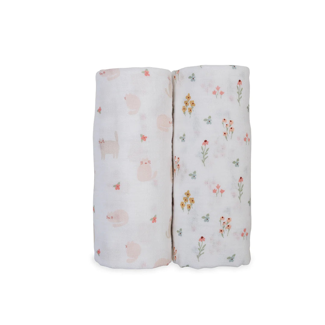 Set of two baby muslin swaddle blankets, one with cat pattern, one with floral print