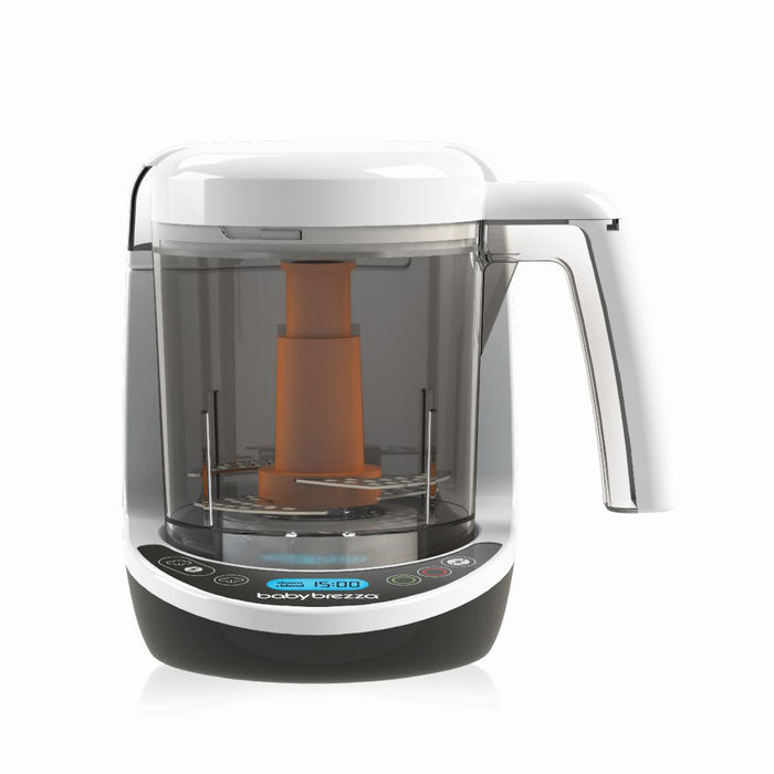 Baby Brezza food maker shown on a white background with digital controls and clear container.