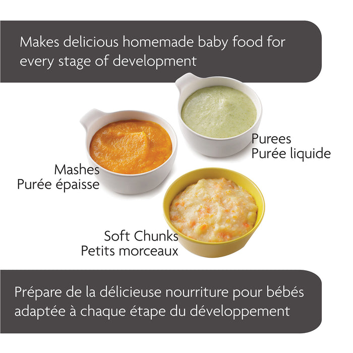 Three bowls of homemade baby food in different textures—puree, mash, and soft chunks—on a white background.