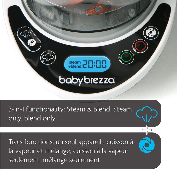 Baby Brezza food maker close-up showing digital control panel with steam and blend settings.