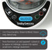 Baby Brezza food maker close-up showing digital control panel with steam and blend settings.
