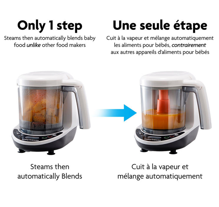 Baby Brezza food maker steaming and blending baby food in a modern kitchen appliance.