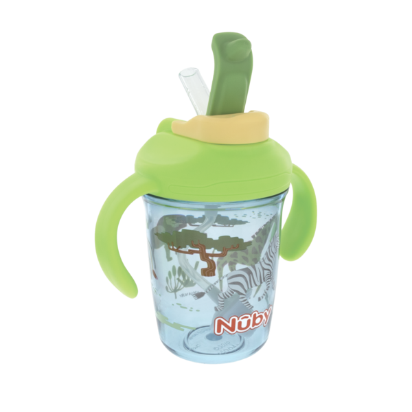 Nuby green handled sippy cup with straw, animal print, shown upright on a white background.