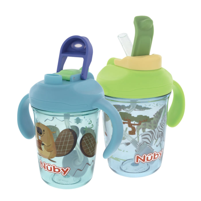 Nuby sippy cups with animal prints, shown upright on a white background.