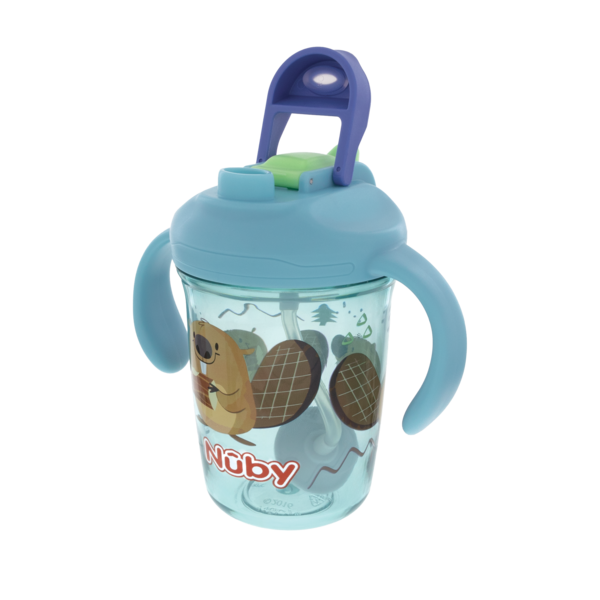 Nuby sippy cup with blue handles and beaver cartoon print shown on a white background.