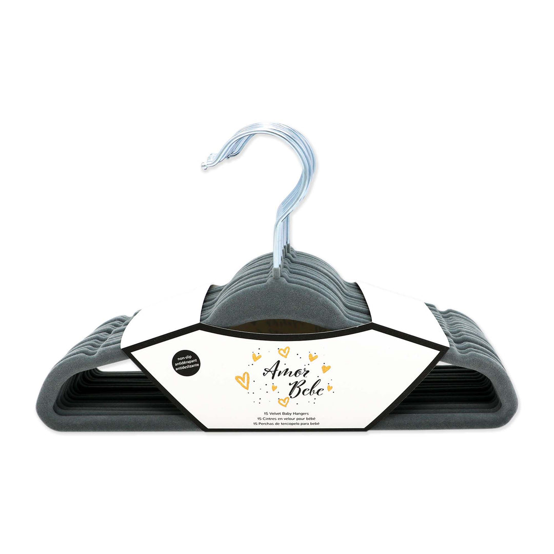 Pack of gray velvet baby hangers with non-slip design on a white background