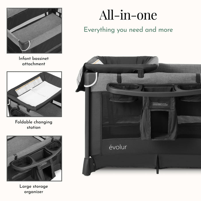 All-in-one baby playard with infant bassinet, foldable changing station, and storage organizer