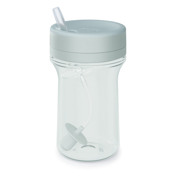 Clear baby sippy cup with silicone straw and light grey lid, ideal for toddler drinks