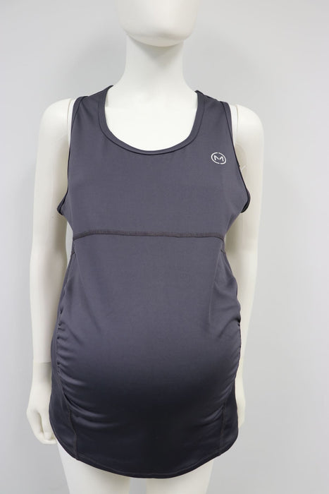 Dark grey maternity tank top with scoop neck displayed on a mannequin against a white background.