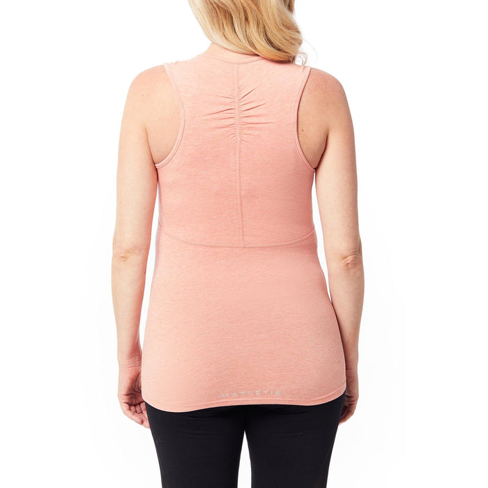 MATLETIK Coral maternity tank top shown from the back on a woman against a white background.