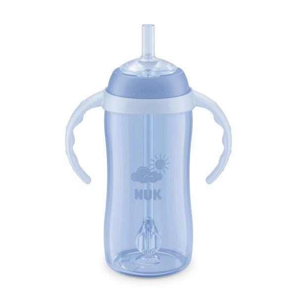 NUK blue sippy cup with handles and straw shown standing upright on a white background.