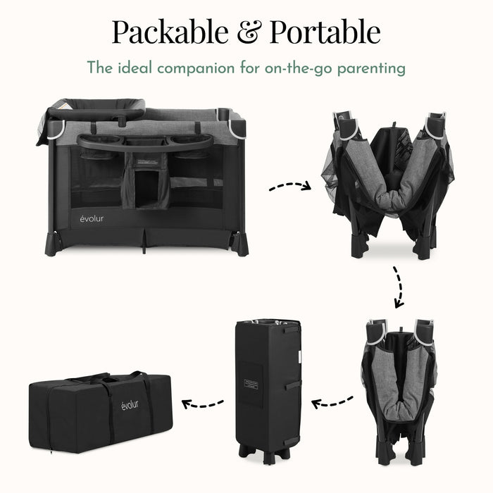 Portable foldable playard for babies with storage, shown packed in travel bag