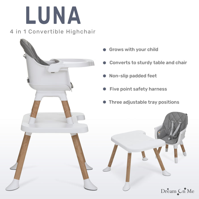 Dream On Me Luna 4-in-1 Convertible Highchair – Cool Grey Key Feature