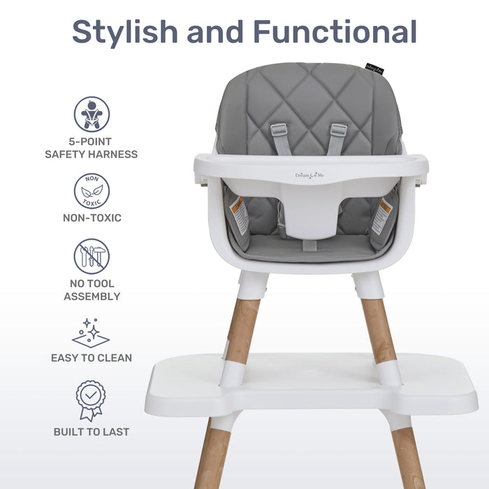 Dream On Me Luna 4-in-1 Convertible Highchair – Cool Grey Key Feature