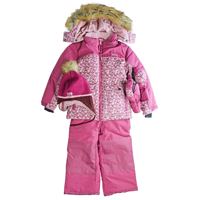 Combinaison d’hiver 2 pièces pour fille Blizz avec accessoires – Motif floral rose (Tailles 2 à 16)