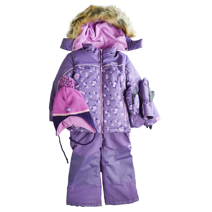 Combinaison de ski 2 pièces Blizz pour fille avec accessoires – Motif floral mauve – Tailles 2 à 16 ans