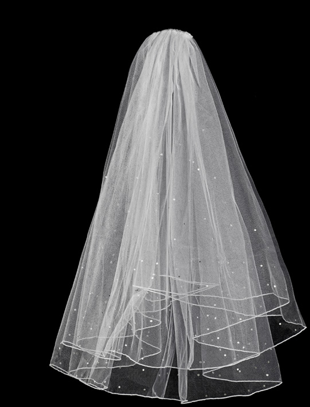 Two-tier white tulle veil with scattered crystals and merrow edge on black background