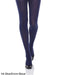 Kid wearing ink blue opaque tights and black patent shoes on white background