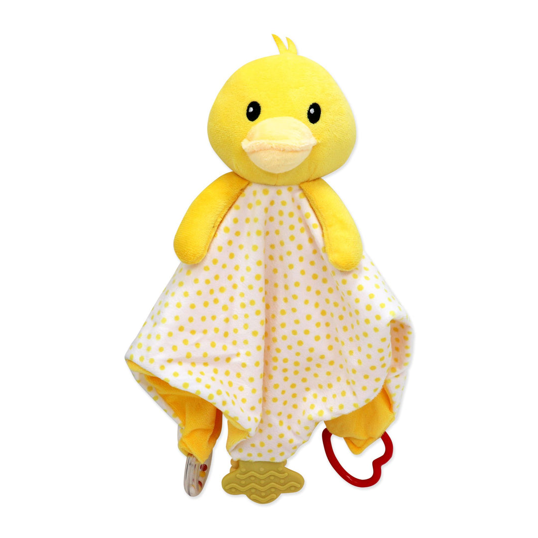 Yellow duck plush baby security blanket with polka dot fabric and teether accents
