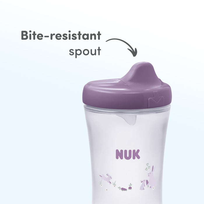 NUK sippy cup with purple bite-resistant spout and animal illustrations on a light background.